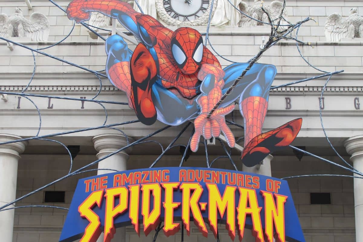 Image of Spider-Man in front of the entrance to the Amazing Adventures of Spider-Man at Universal