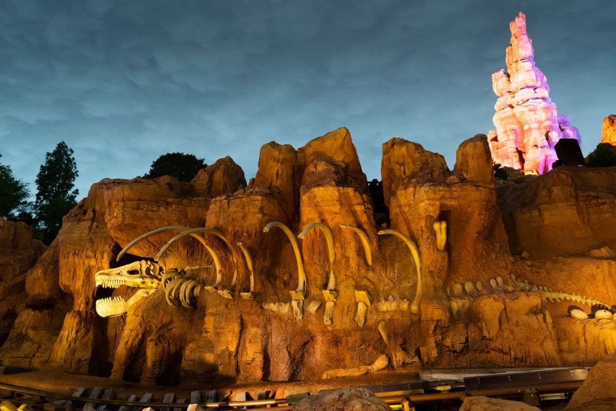 Dinosaur skeleton on the side of the Big Thunder Mountain Railroad at Disneyland