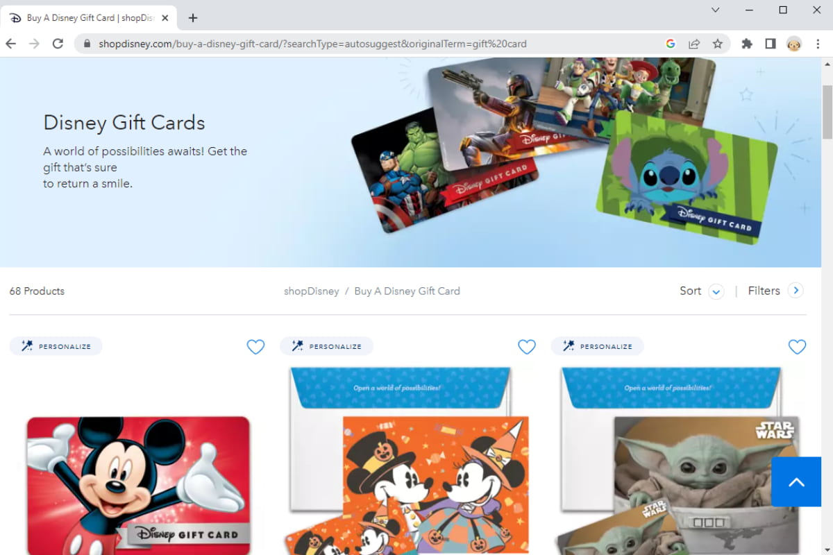 Screenshot of Disney Shop website showing the page for purchasing gift cards