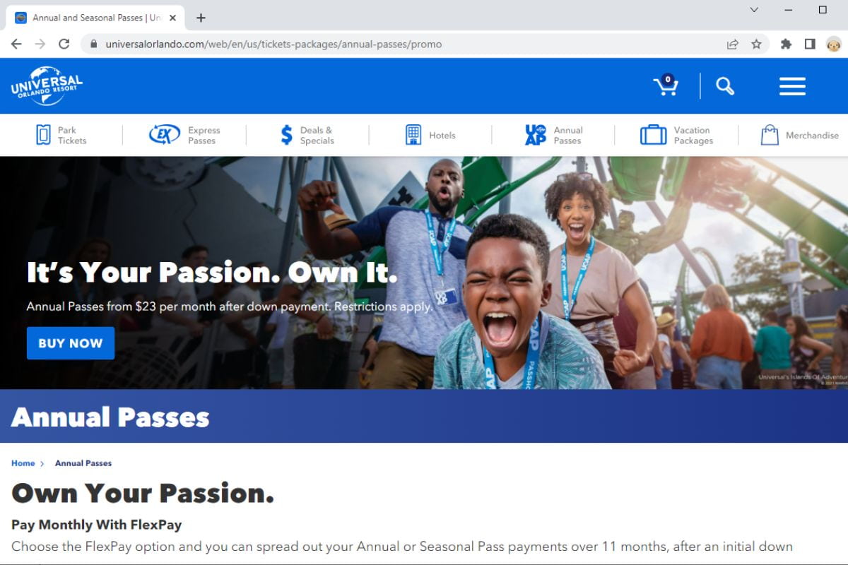 Screenshot of universalorlando.com annual pass purchase page