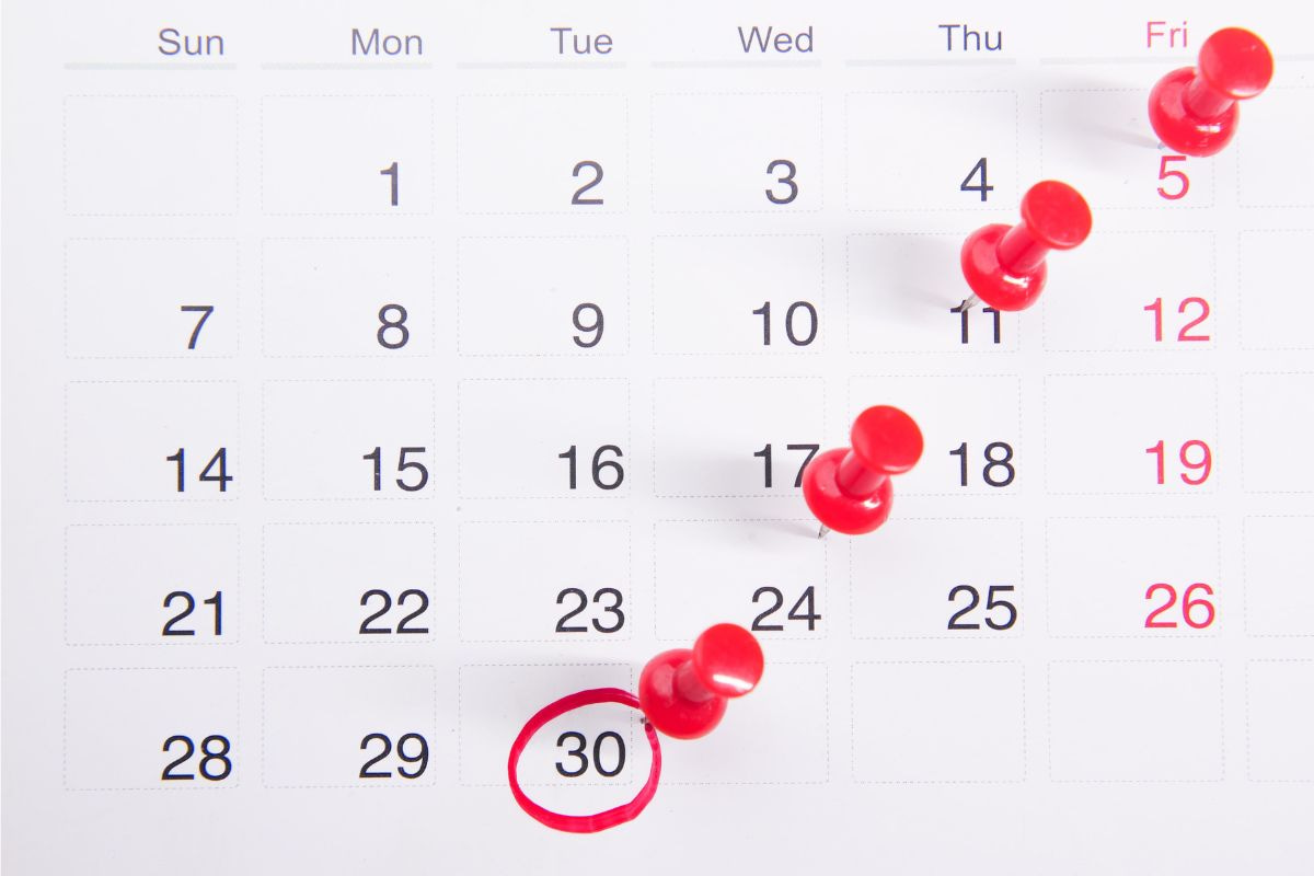 Calendar with red pins and a date circled in red