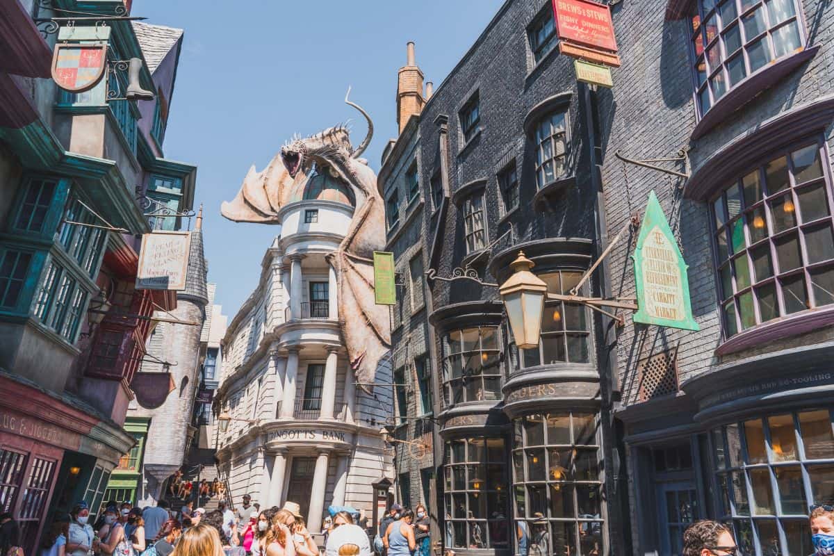 People walking through Diagon Alley in The Wizarding World of Harry Potter