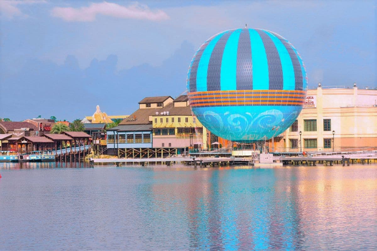 View from across the water of Disney Springs with the Aerophile on the ground