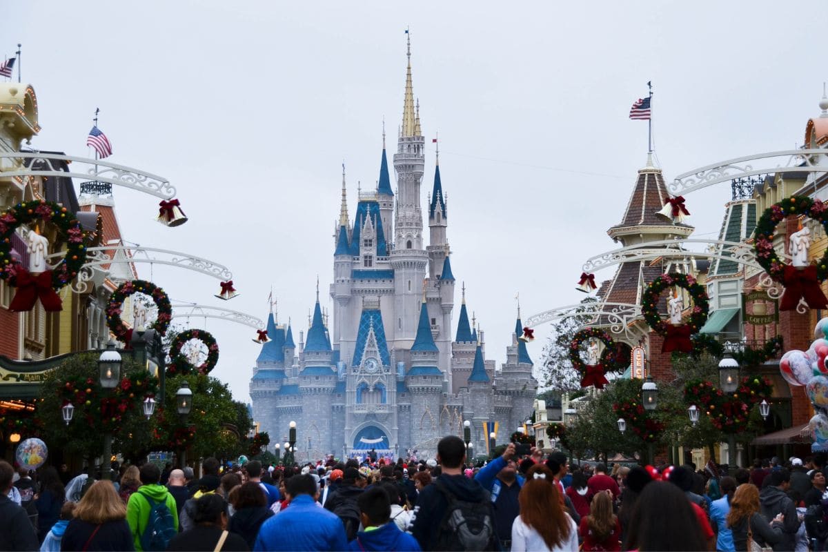 Crowd of people in front of the Disney World Castle during the Christmas season