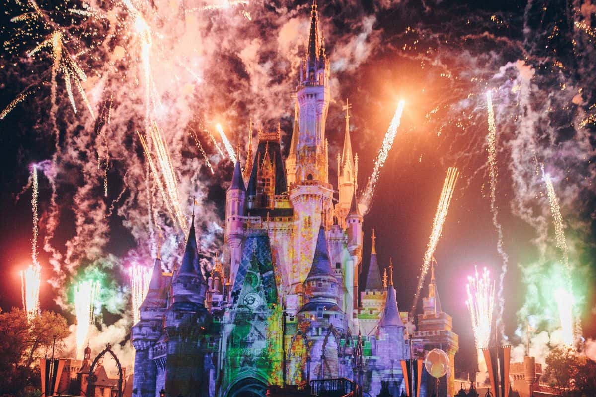 Colorful fireworks display at Disney World