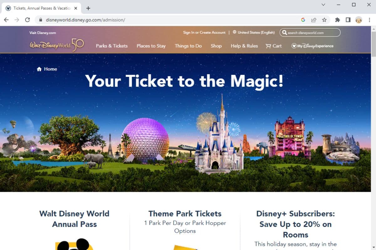 Screenshot of Disney World website showing the page to purchase tickets