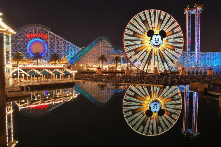 Panoramic view of illuminated Disneyland California at night