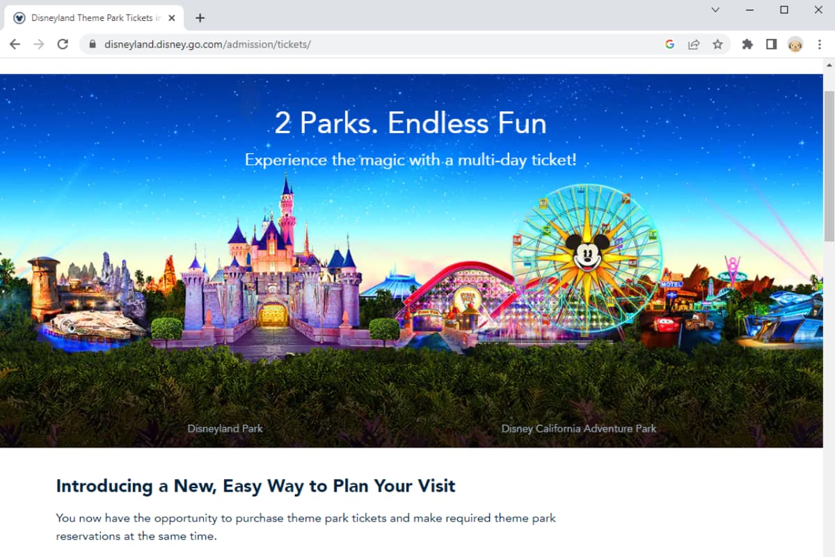 screenshot of the Disneyland website showing the page to purchase tickets