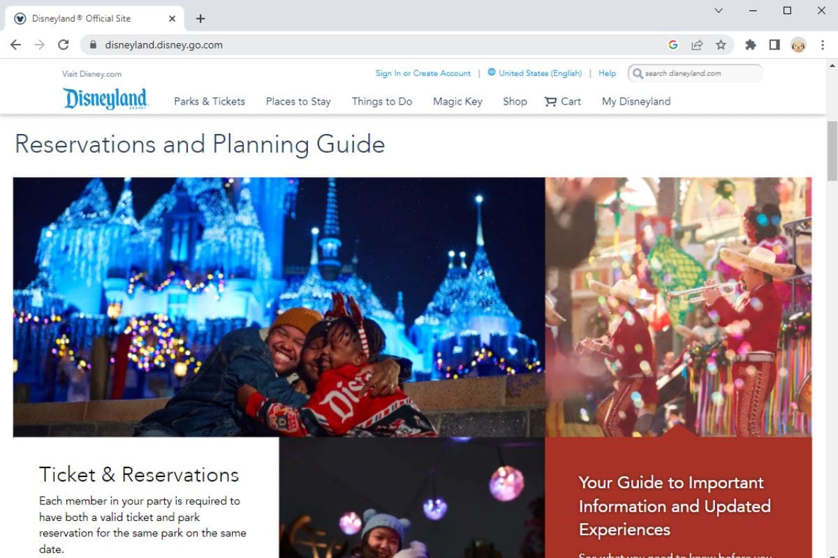 screenshot of the Disneyland website showing information regarding reservations and planning guide