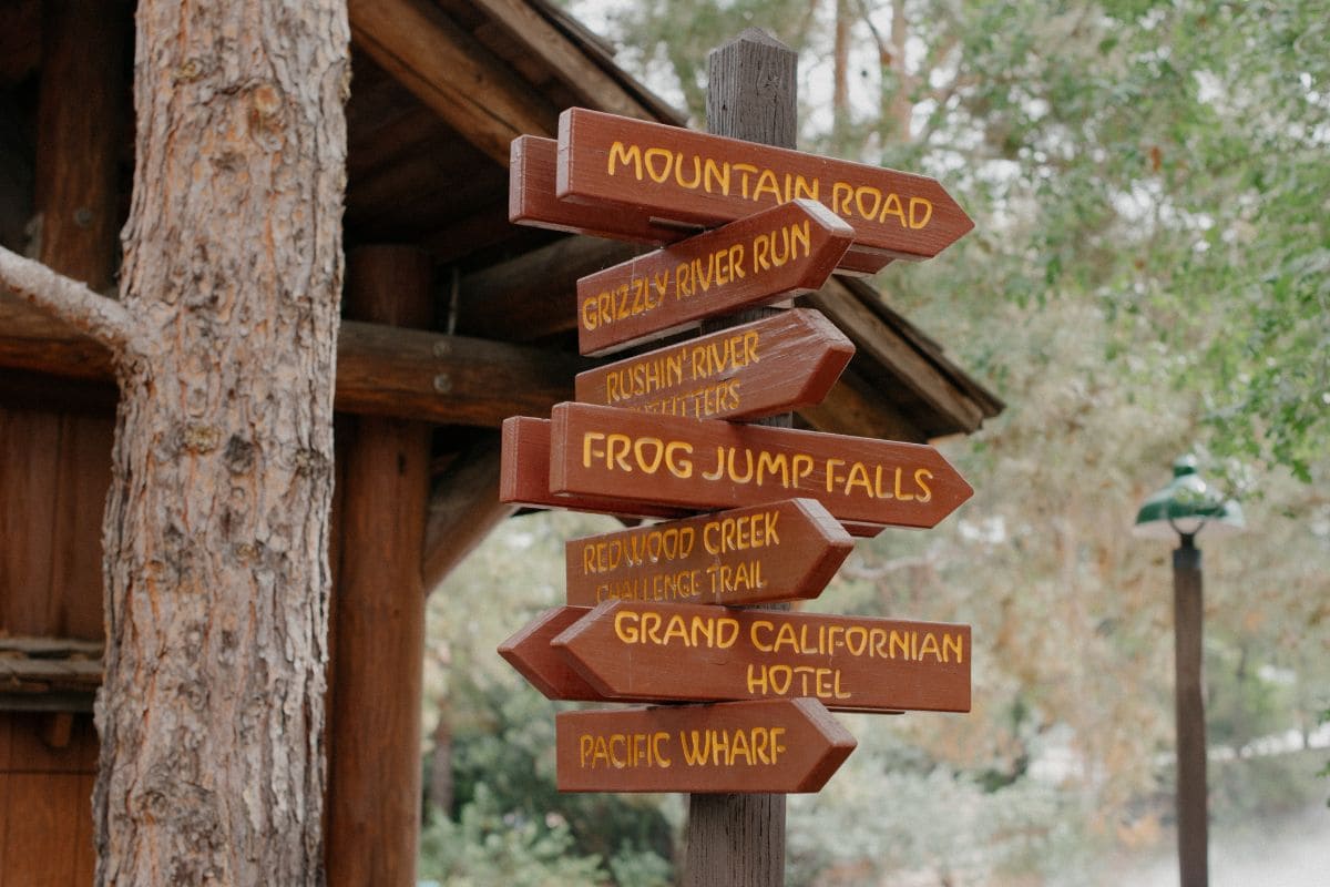 Signpost showing the directions to the different attractions at Disneyland California
