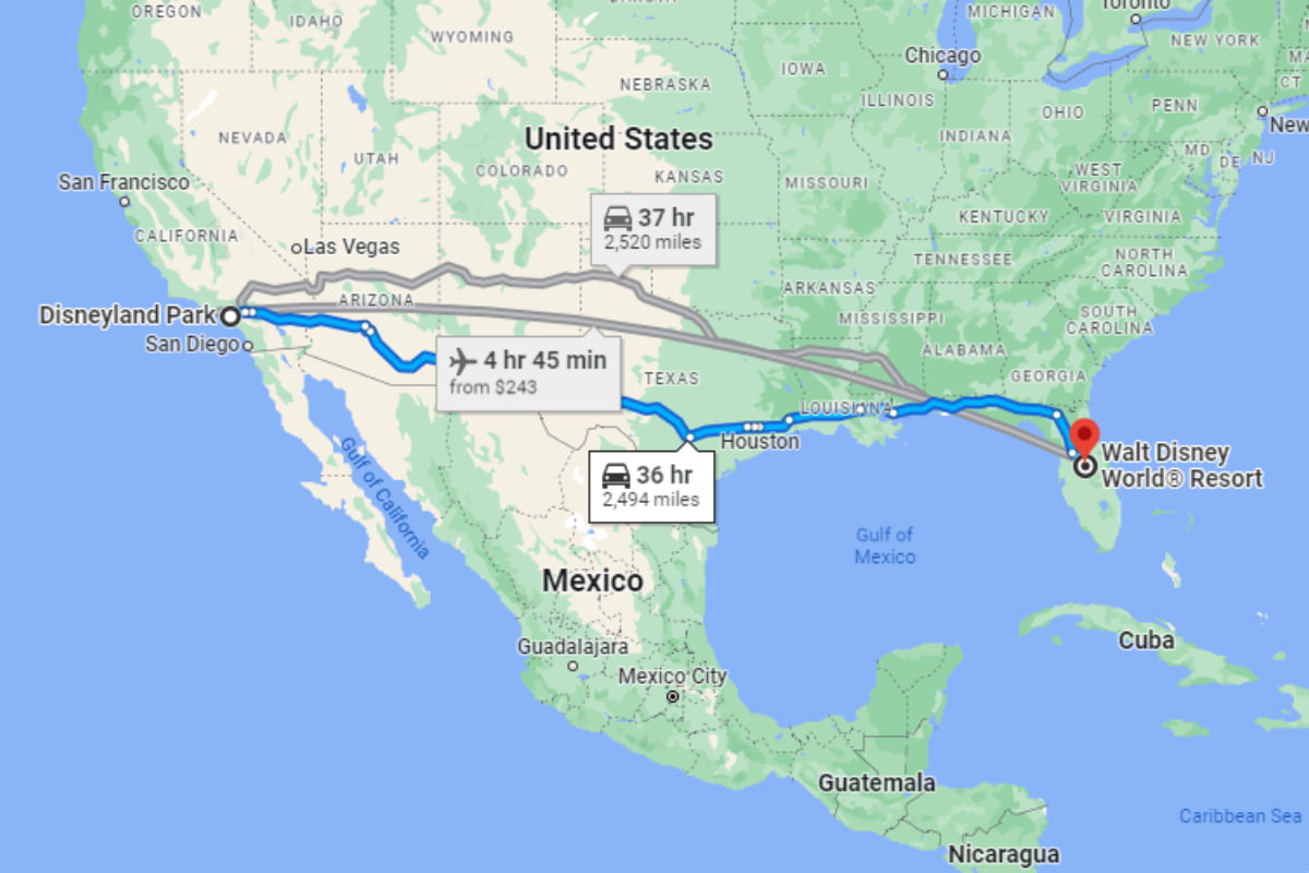 Screenshot of a Google Map showing the distance between Disney World and Disneyland