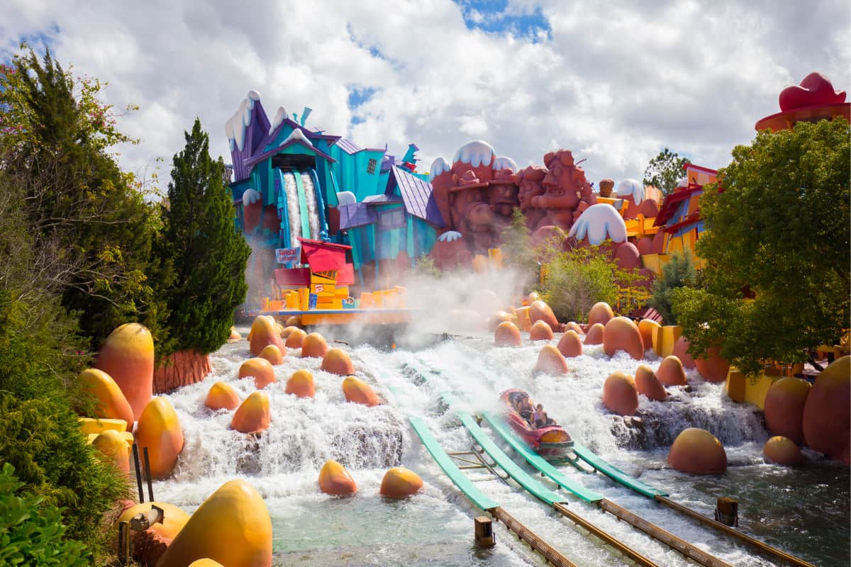 People riding the Dudley Do-Right's Ripsaw Falls at Universal Studios Orlando