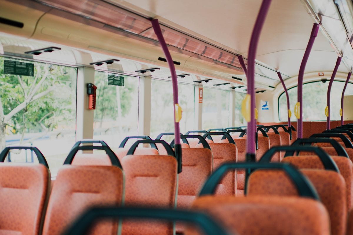 Interior view of a bus with empty seats