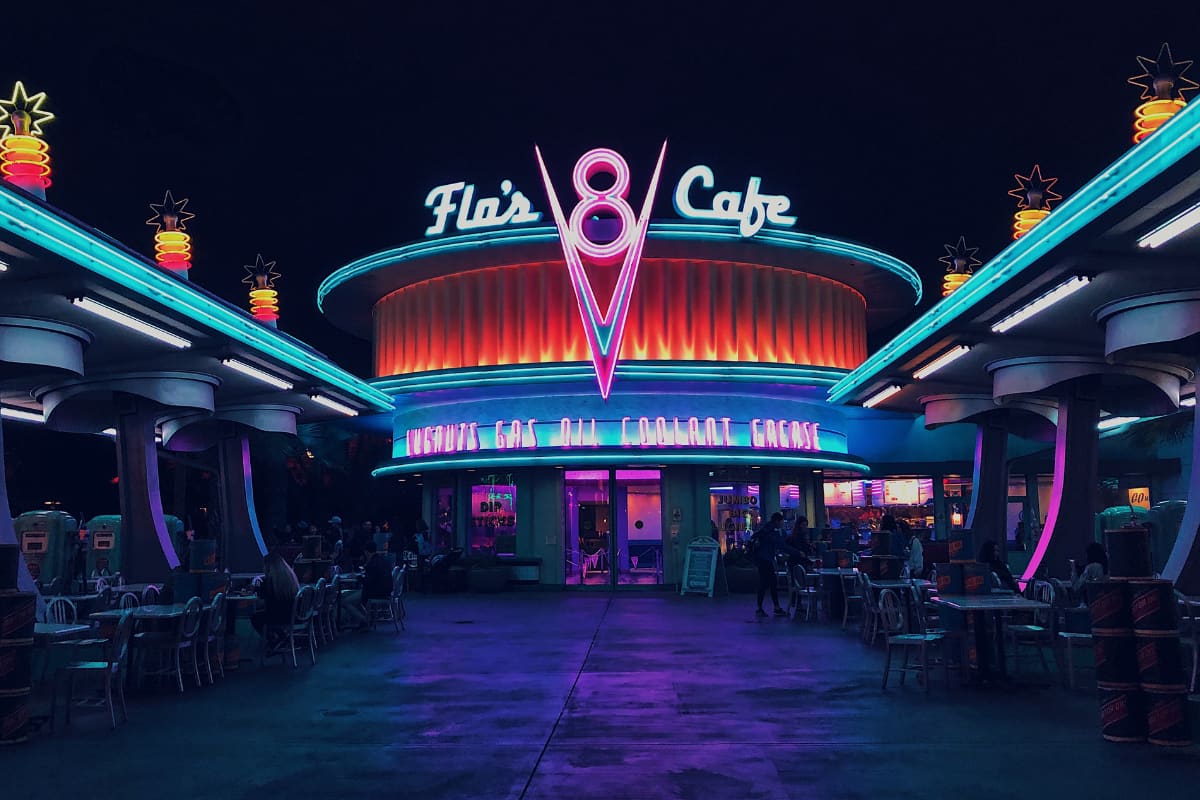 Flo's V8 Cafe at Disneyland at night