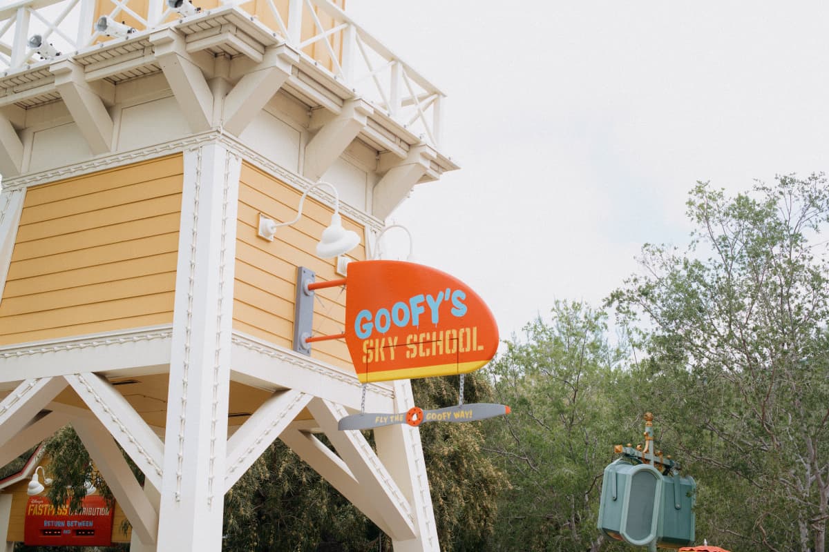 Sign at the entrance to Goofy's Sky School ride at Disneyland