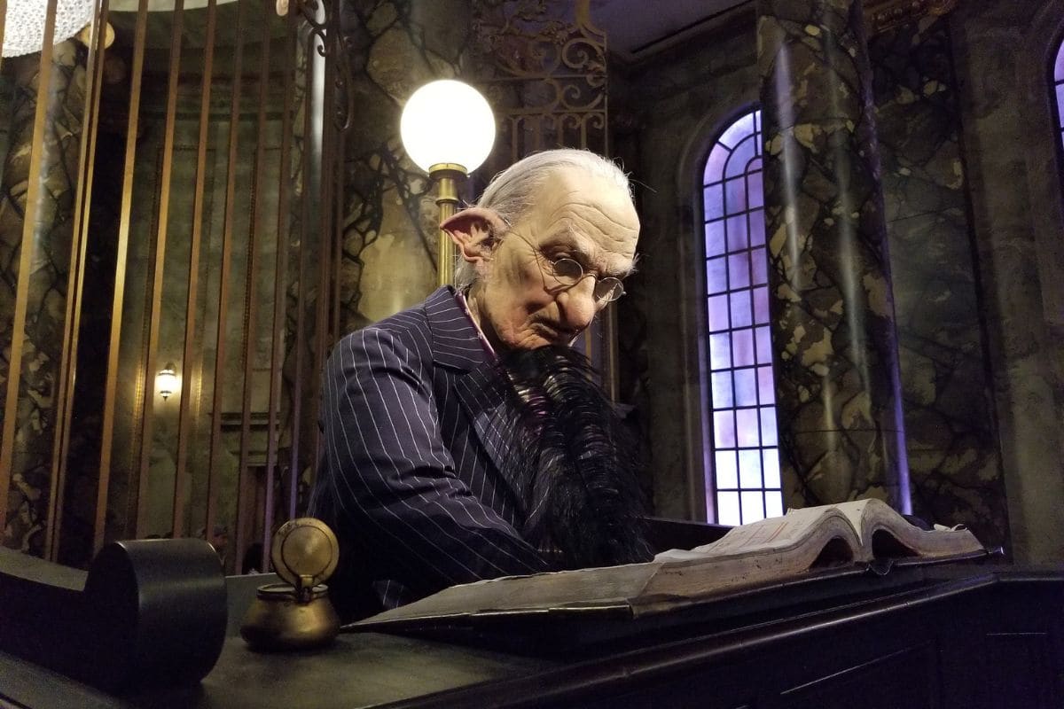 Universal Studios employee dressed up as a goblin banker in the Gringotts Bank