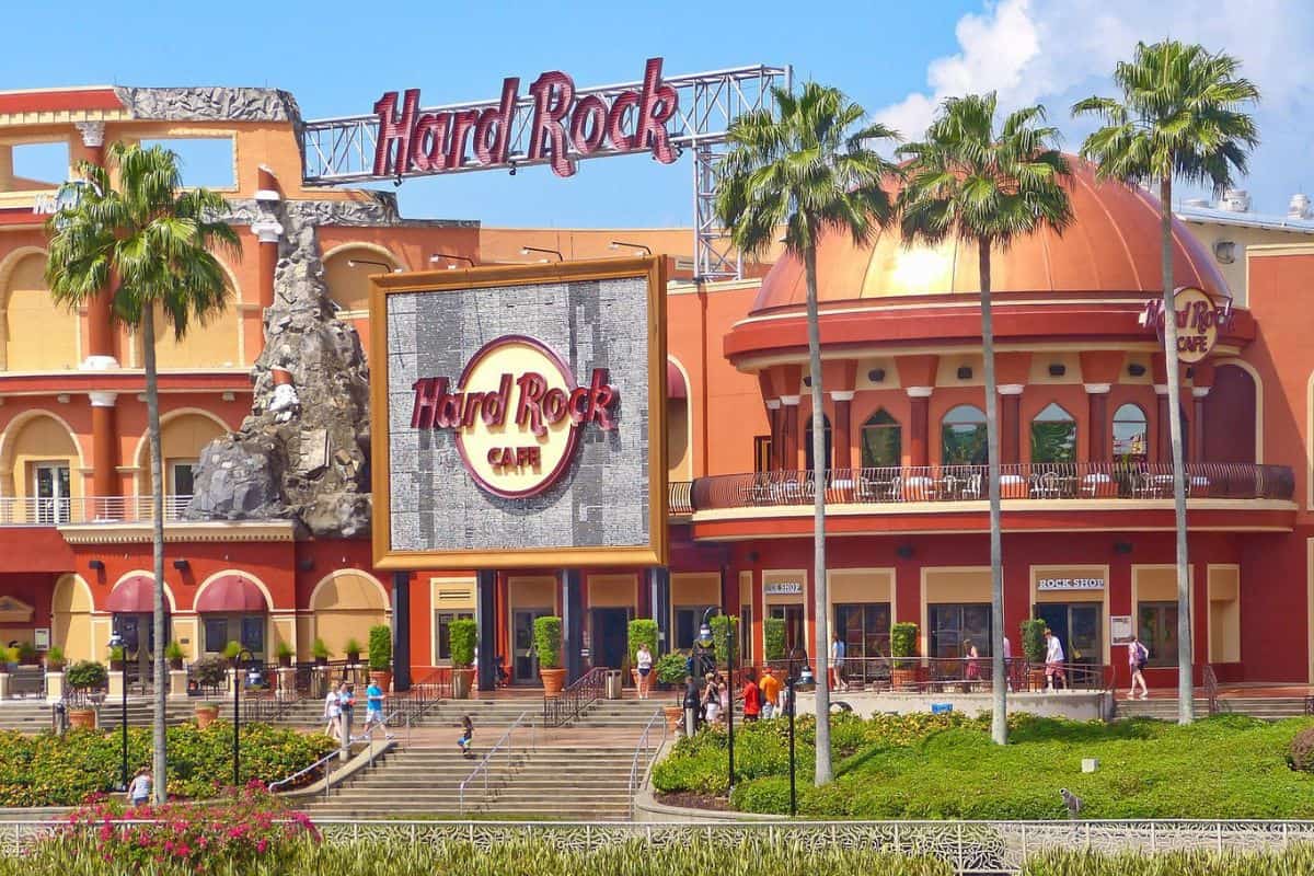 Wide view of the Hard Rock Cafe at CityWalk in Universal Studios Orlando