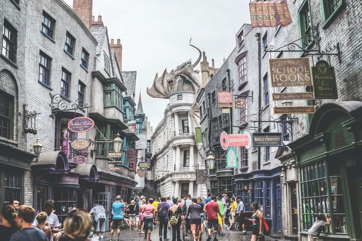 Wide view of the Wizarding World of Harry Potter at Universal Studios