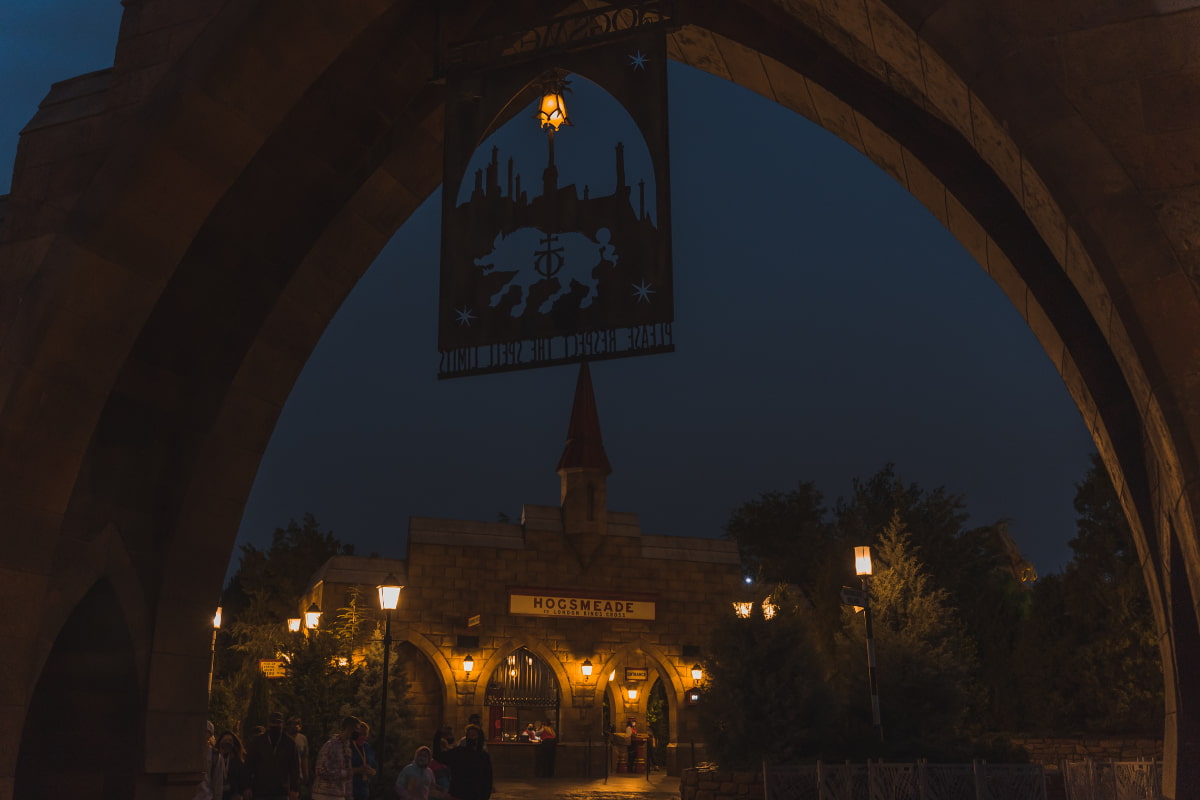 Entrance to Hogsmeade Village at Universal Orlando at night
