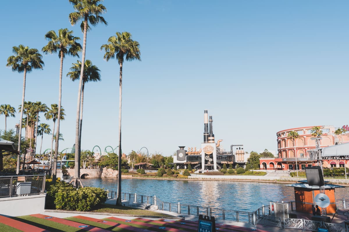 Panoramic view of an area in Universal Orlando where hotels are located