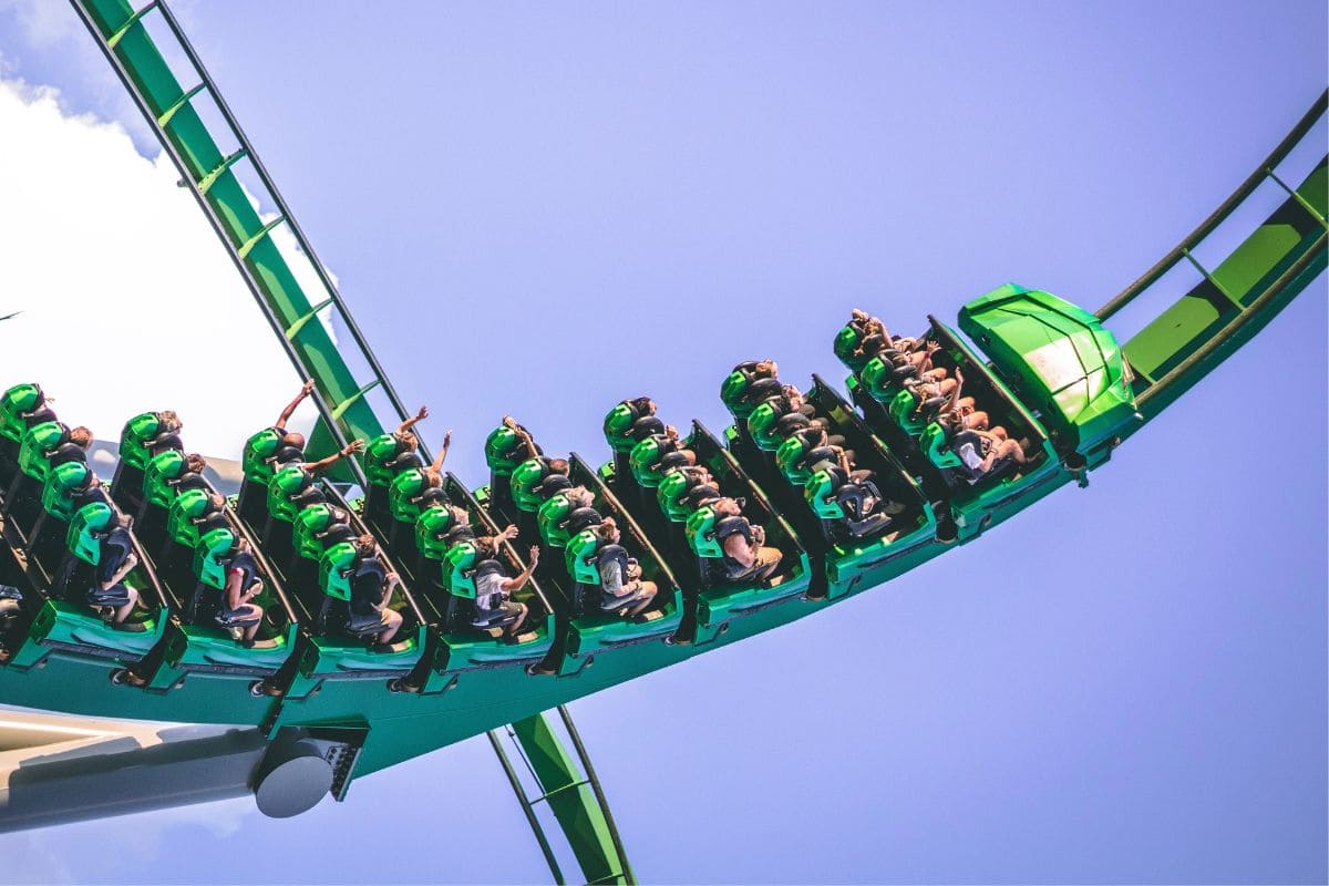 People riding the Incredible Hulk Coaster at Universal Studios