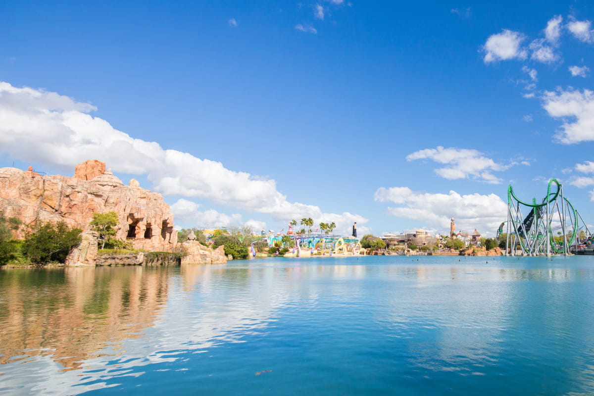 Panoramic view from across the lake of the Islands of Adventure at Universal Orlando