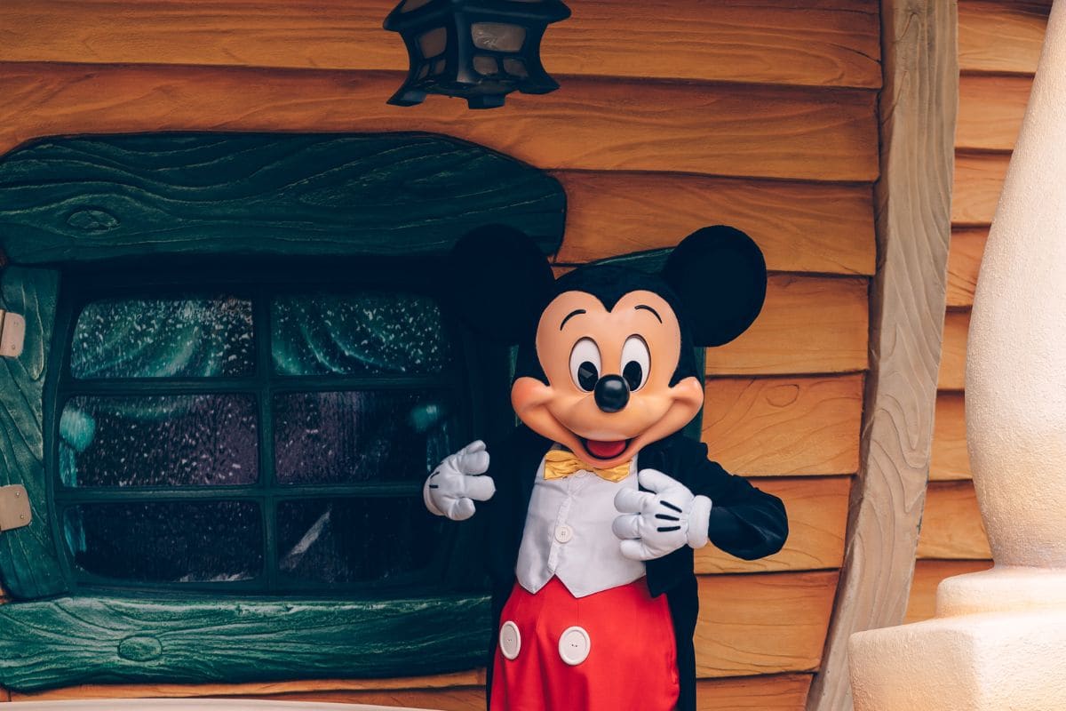 Person in a Mickey Mouse costume in the porch of a cabin