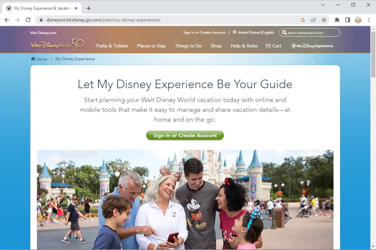 Screenshot of Disney World website showing the page to sign-in or register to the My Disney Experience app