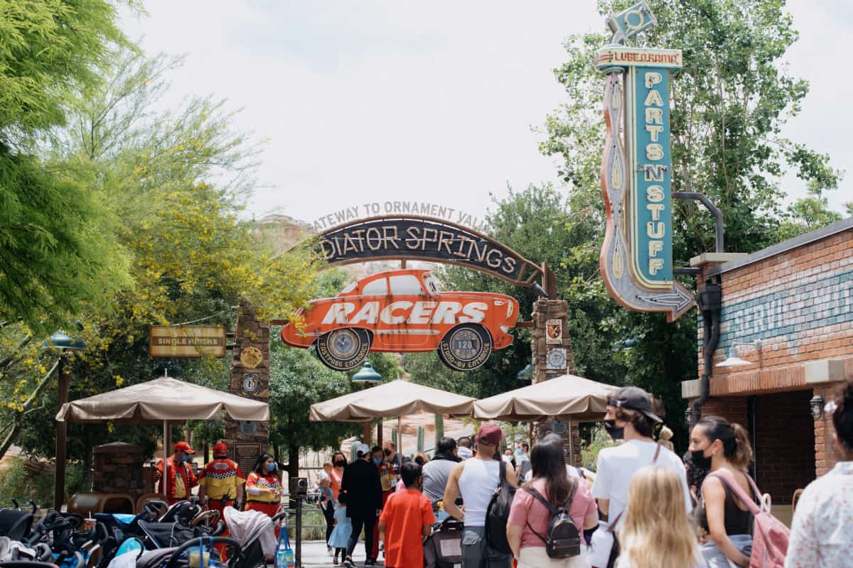 People gathered at the entrance to the Radiator Springs Racers at Disney California Adventure