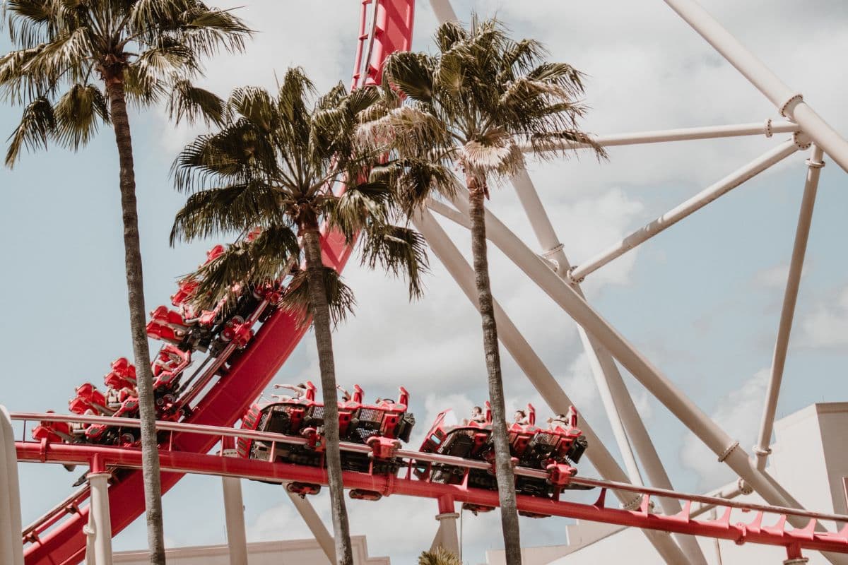 View from the ground of the Hollywood Rip Ride Rockit behind three palm trees at Universal Orlando