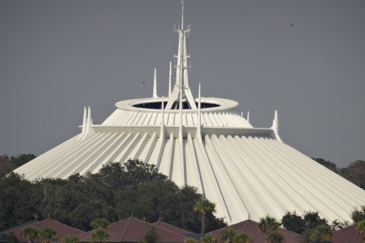 View from a distance showing a large portion of the Space Mountain Structure