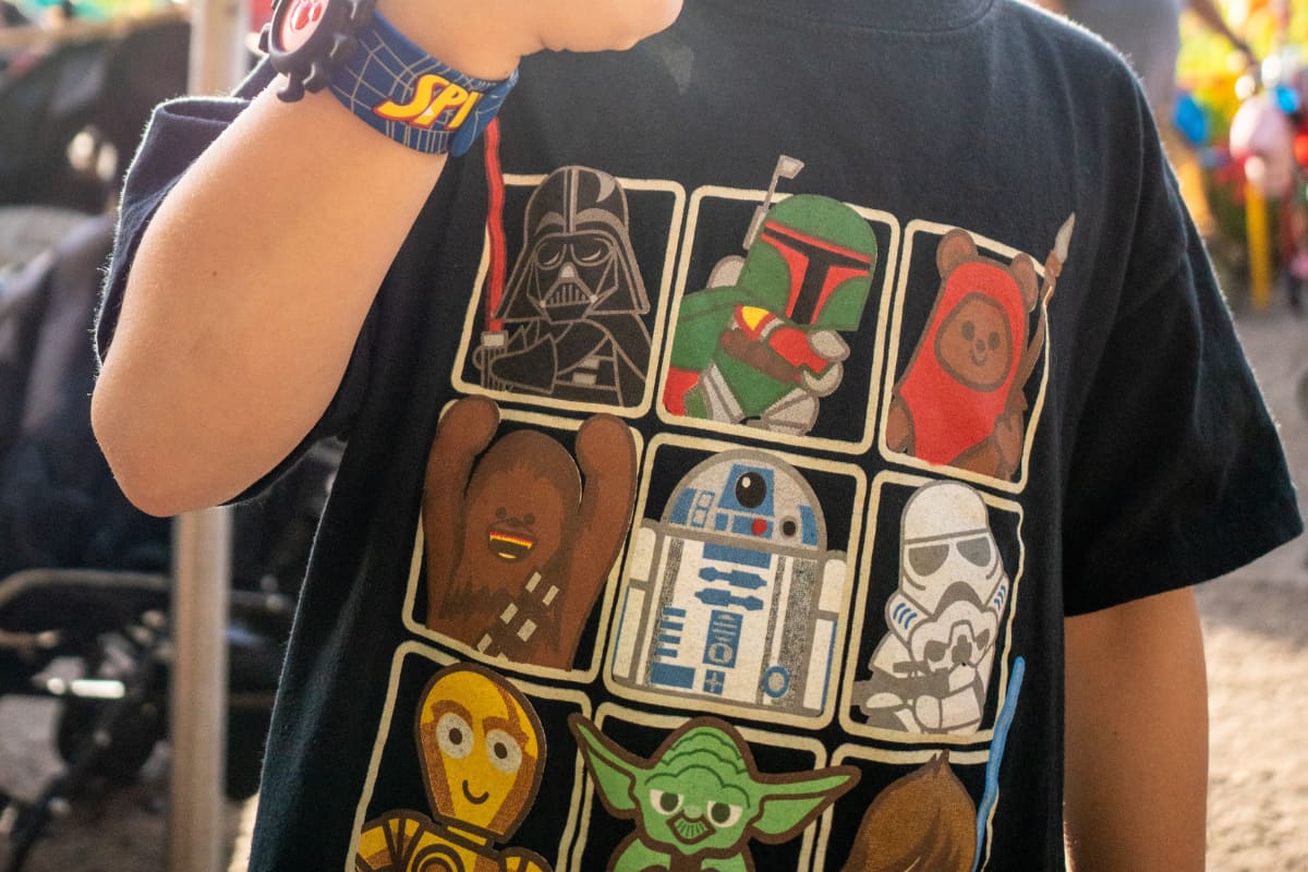 Close up of cartoon Star Wars characters printed on a black shirt