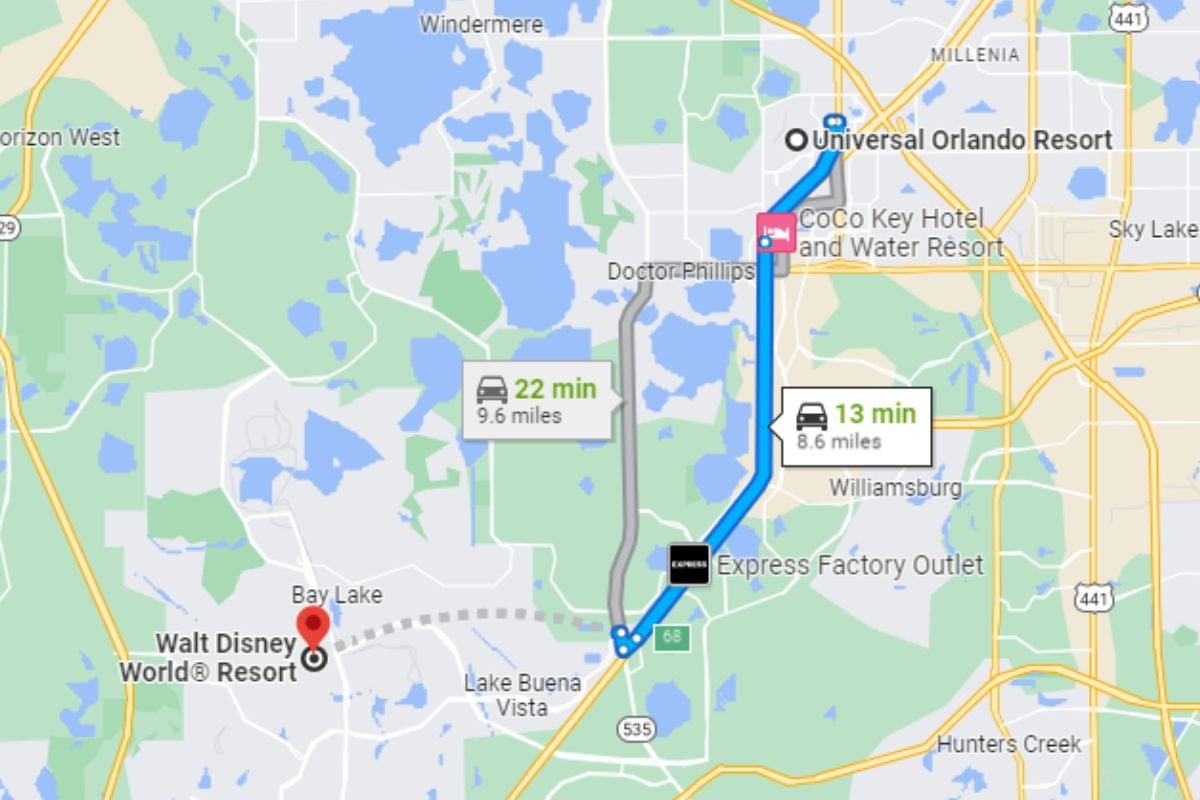 Google map showing the distance an directions between Disney World and Universal