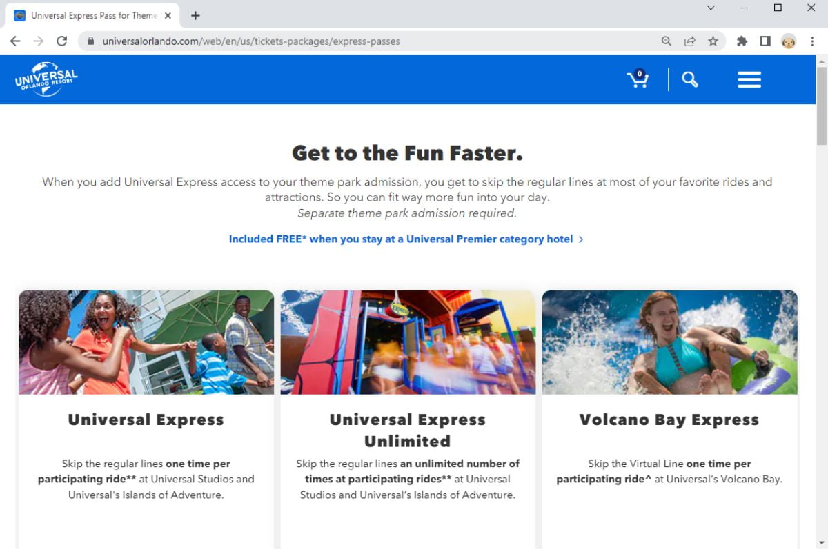 Screenshot of Universal Orlando website showing the page for purchasing express passes