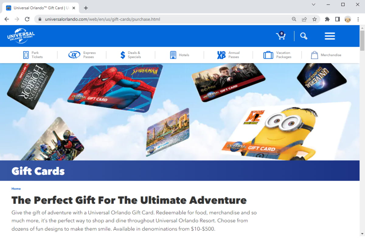 Screenshot of Universal Orlando website showing the page where gift cards can be purchased