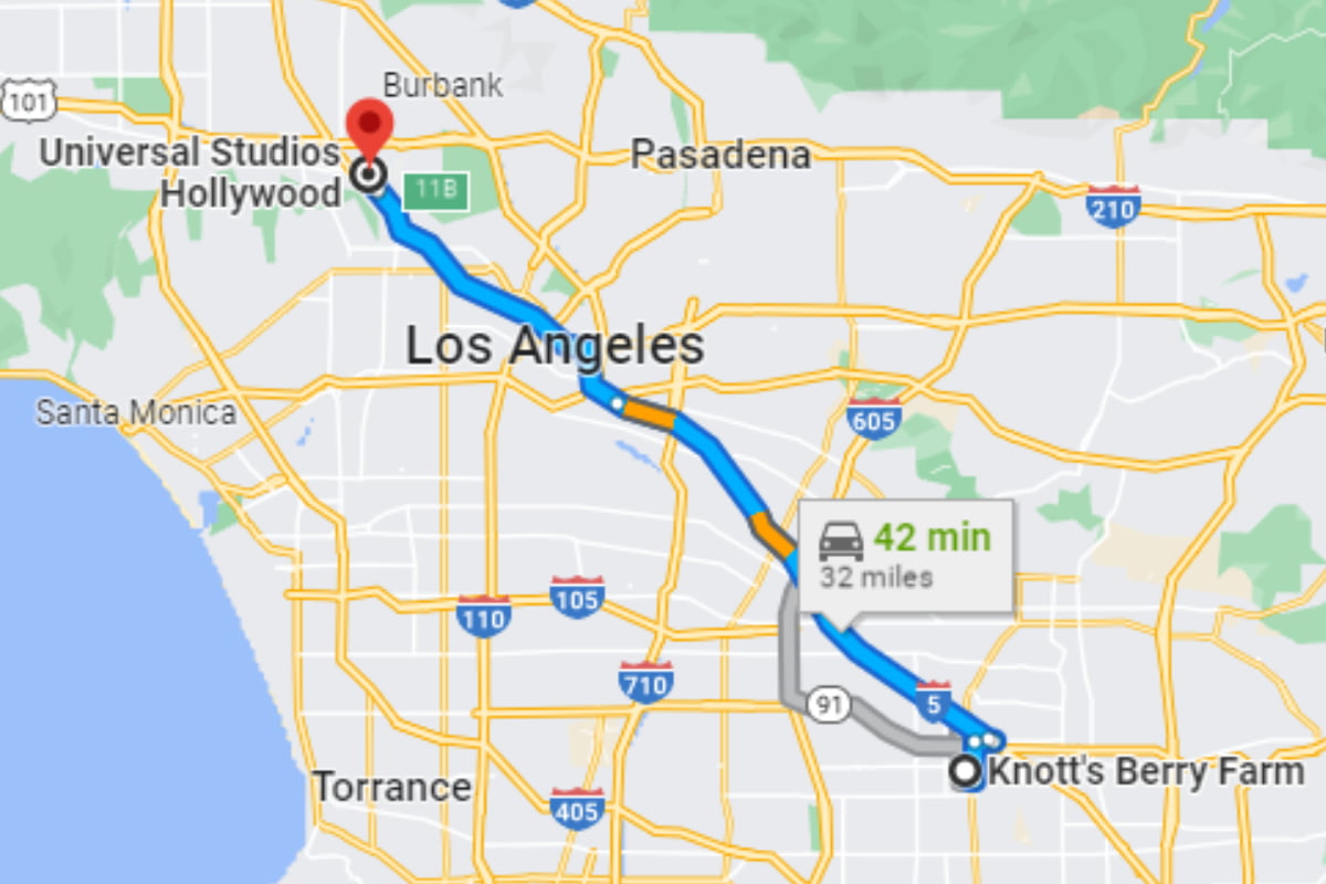 Screenshot of a Google Map showing the distance between Universal Studios Hollywood and Knott's Berry Farm