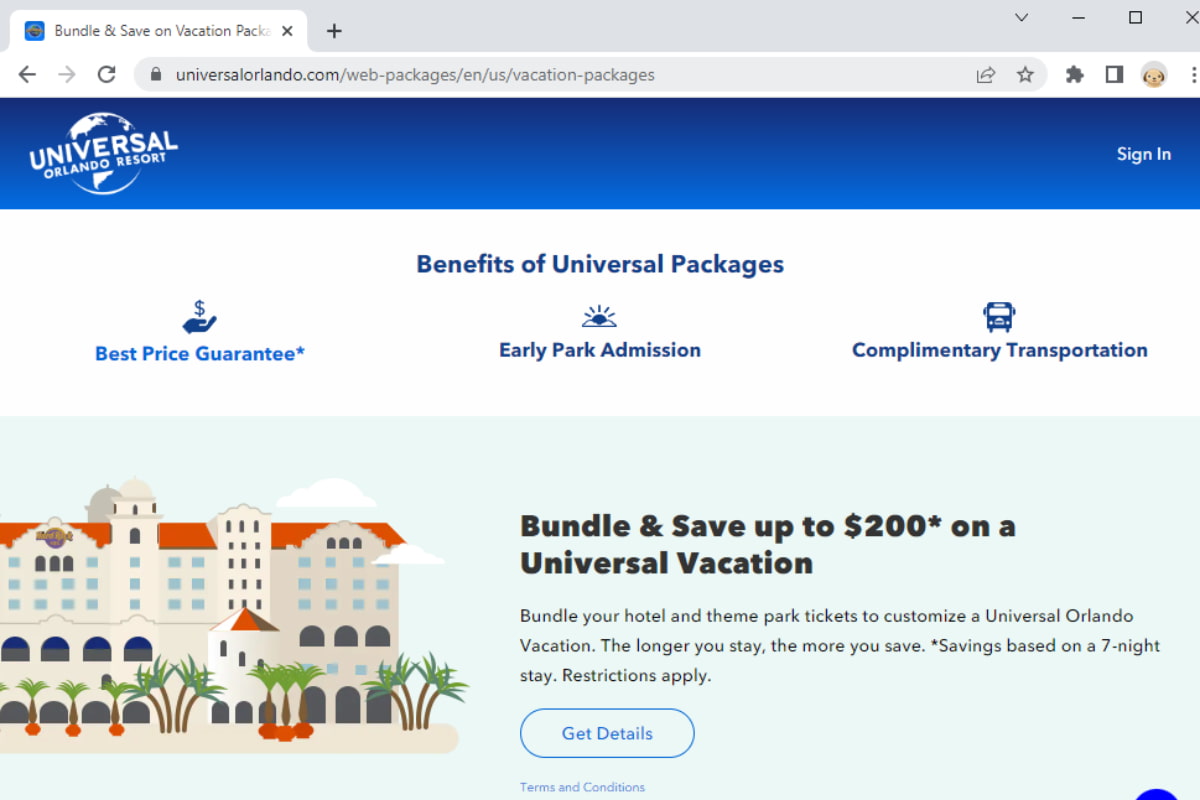 Screenshot of universalorlando.com ticket packages and bundles