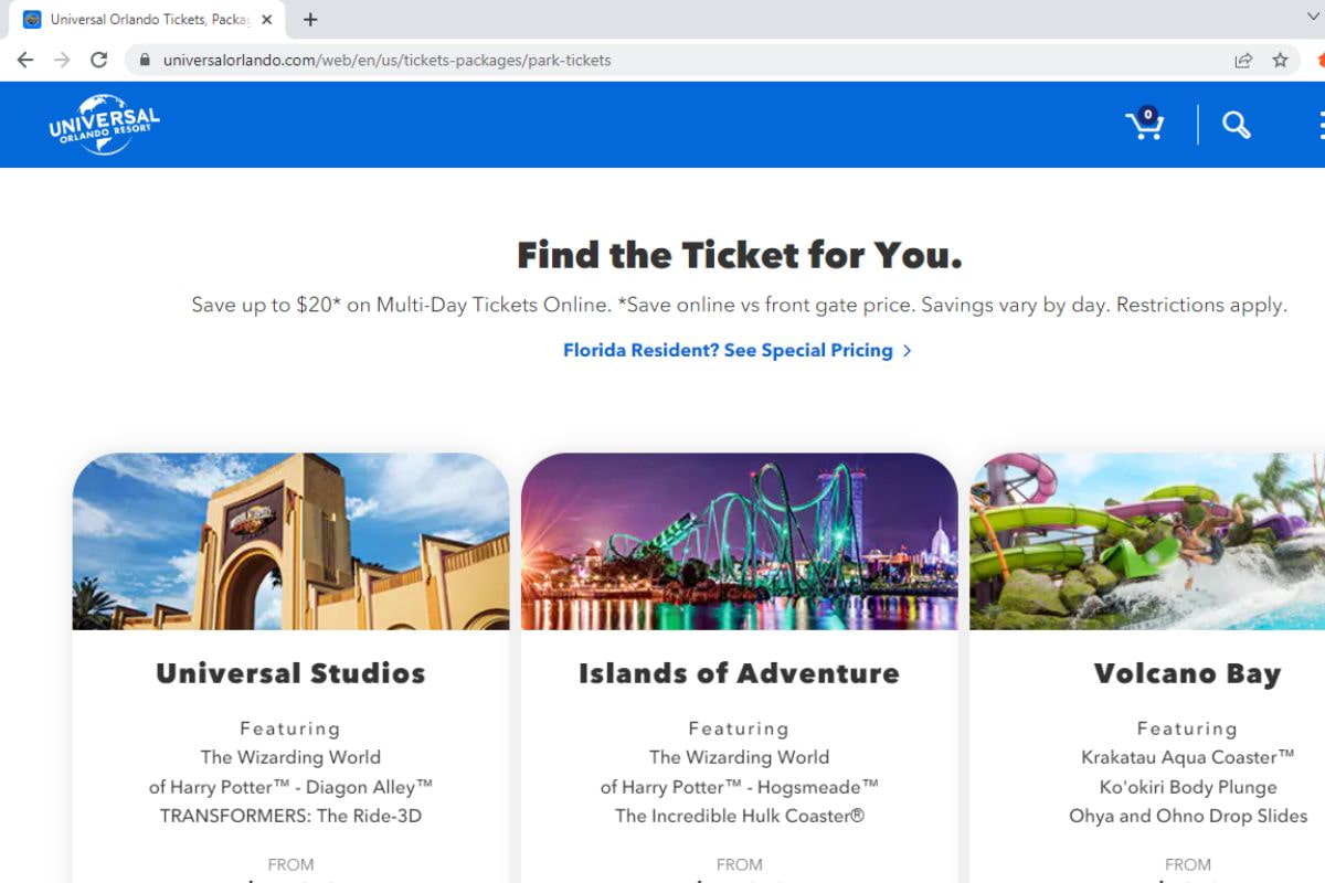Screenshot of universalorlando.com ticket purchase page