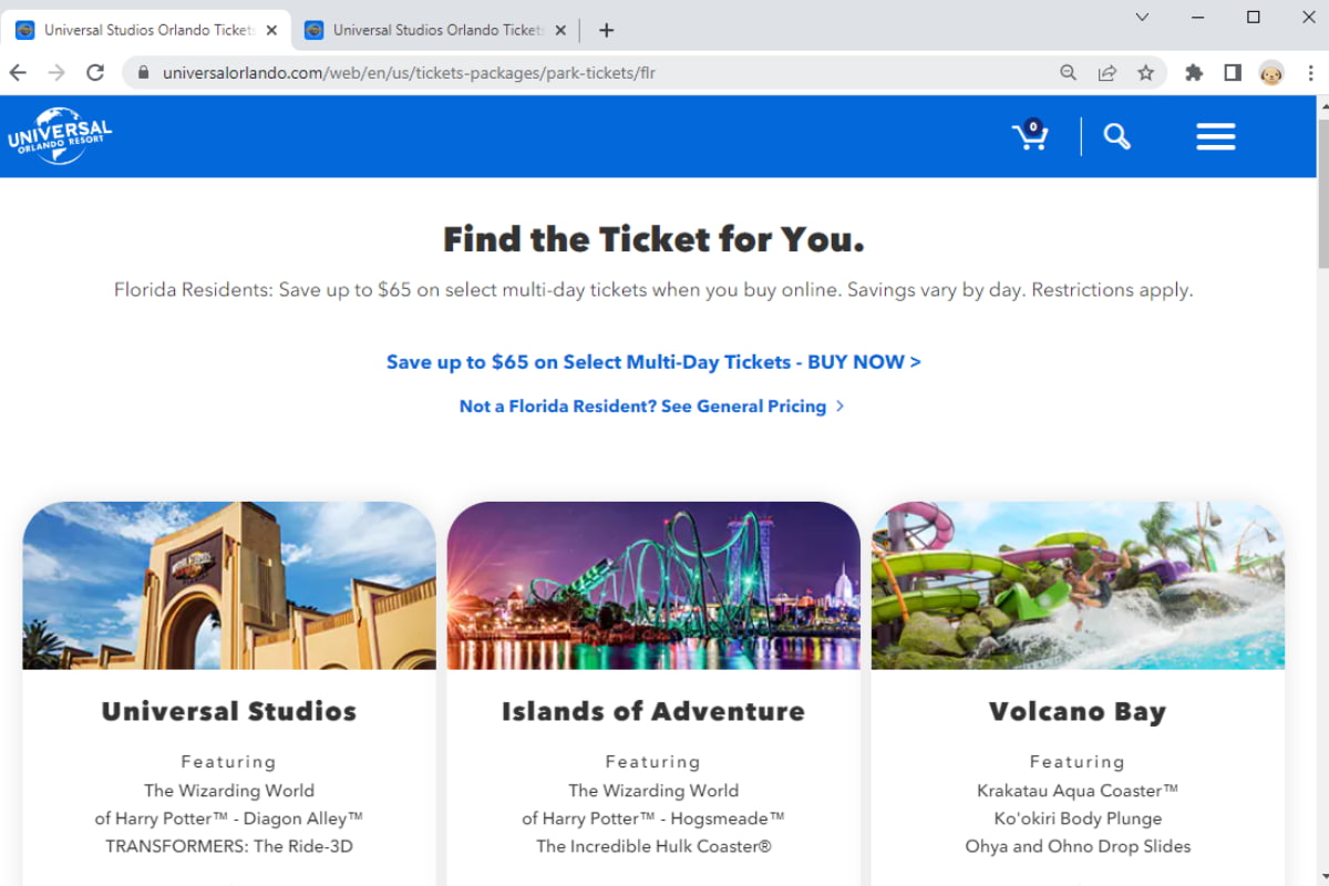 Screenshot of Universal Orlando website showing the page where tickets can be purchased