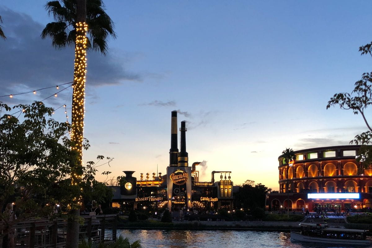 View across the lake of the Toothsome Chocolate Emporium and Hard Rock Hotel, Universal Orlando