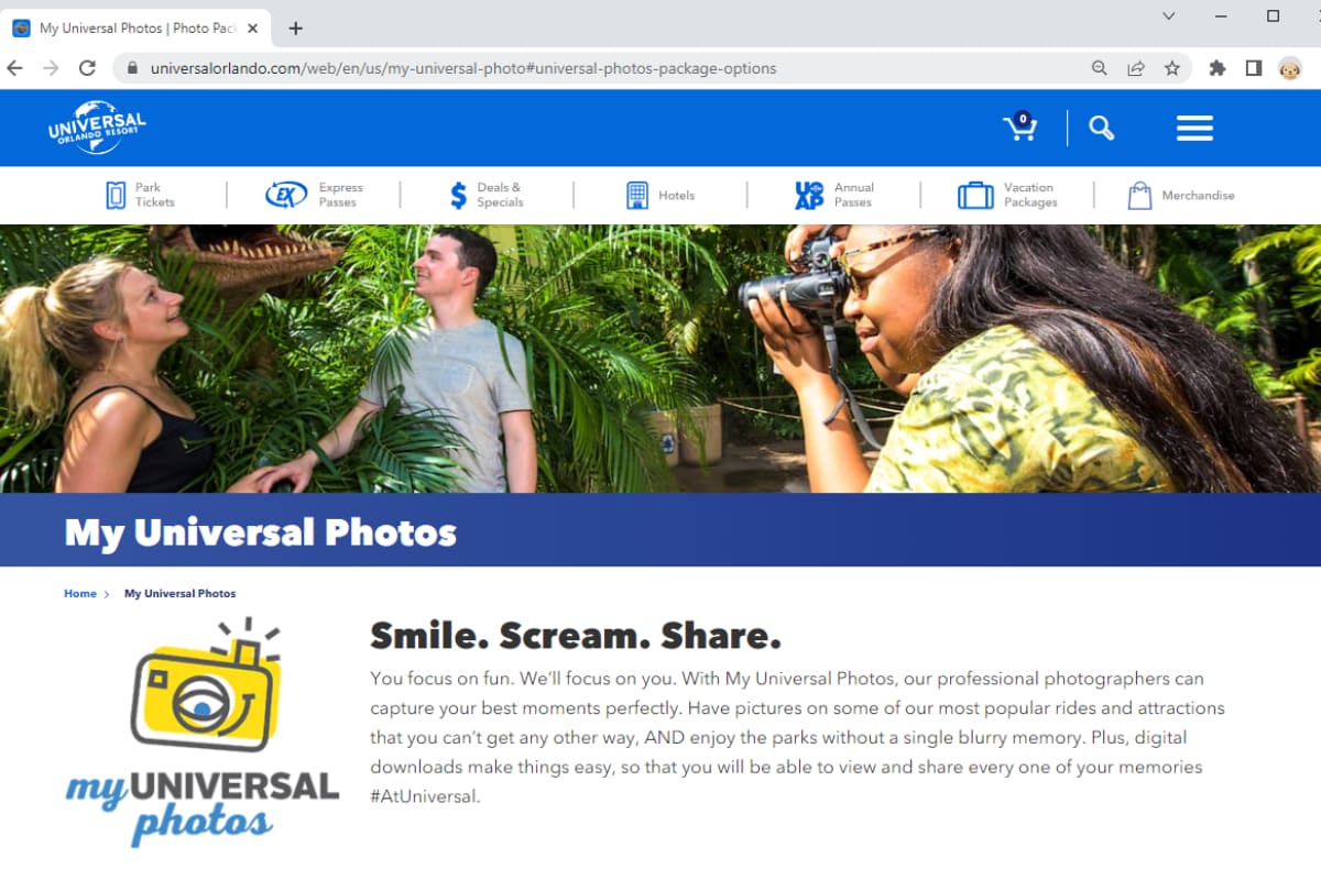 Screenshot of Universal Orlando website showing the page for purchasing photo passes