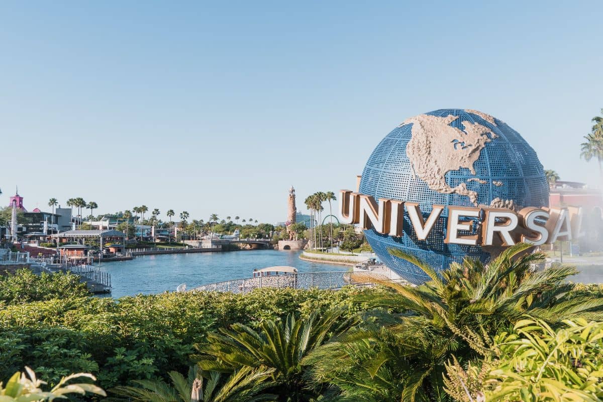 Panoramic view of the Universal Studios Plaza in Orlando, Florida showing the Universal Globe