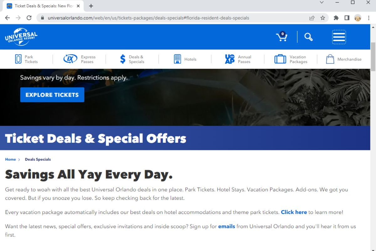 Screenshot of Universal Studios website showing the page for ticket deals and special offers