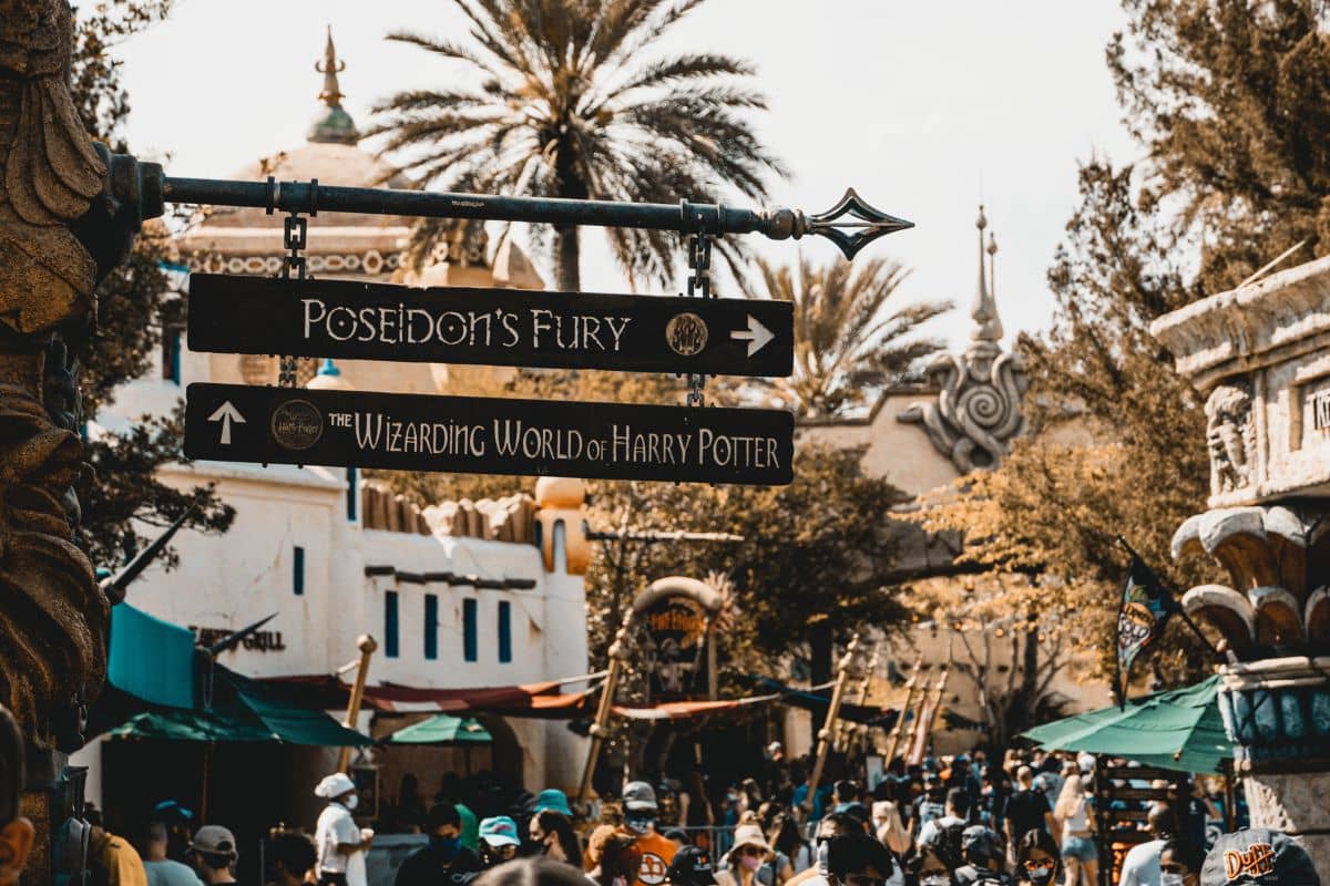 A sign post in Universal Studios Orlando pointing to two sections of the park