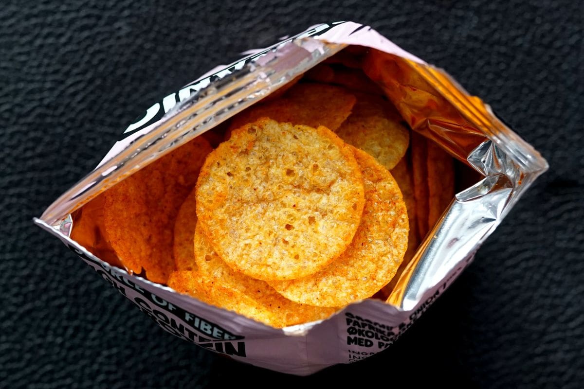 Top view of an open bag of chips