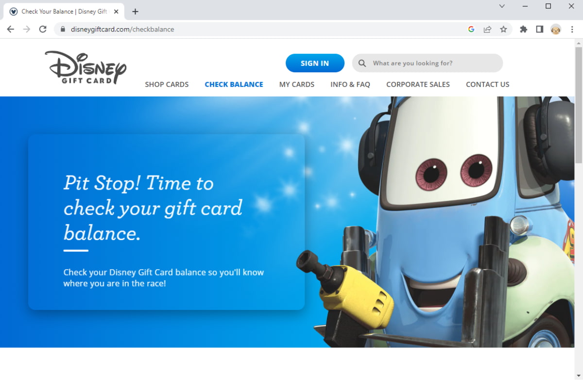 Screenshot of Disney Gift Card website showing the page to check the balance