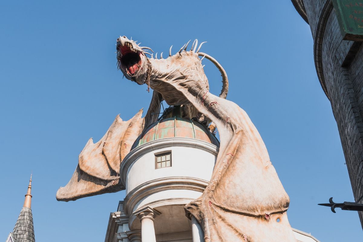 Statue of a dragon perched on top of a building from Harry Potter franchise