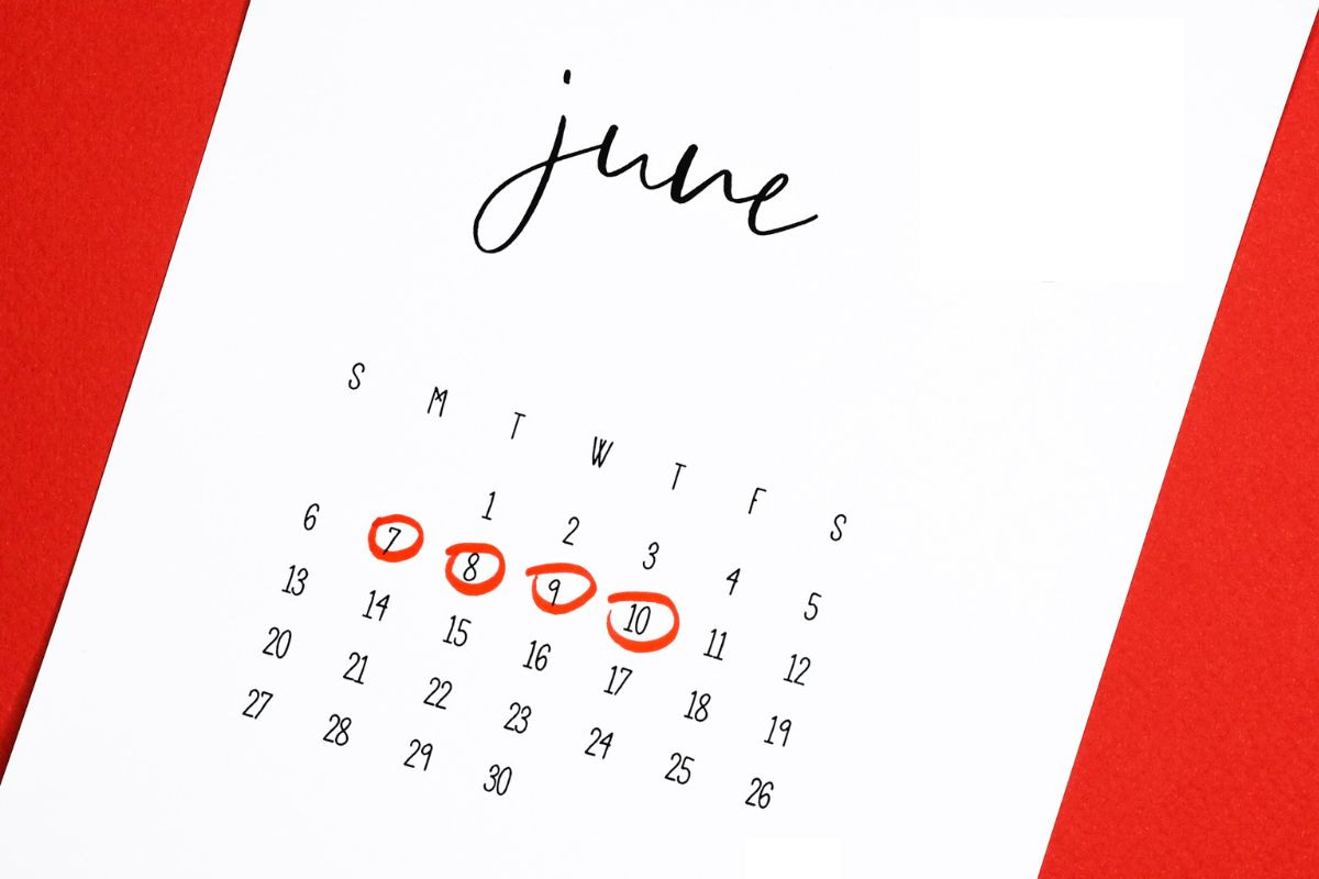 Page from a calendar showing the month of June with four consecutive days encircled