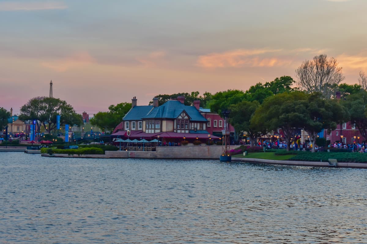 Panoramic view of the United Kingdom Pavilion and France Pavilion at Epcot in Walt Disney World.
