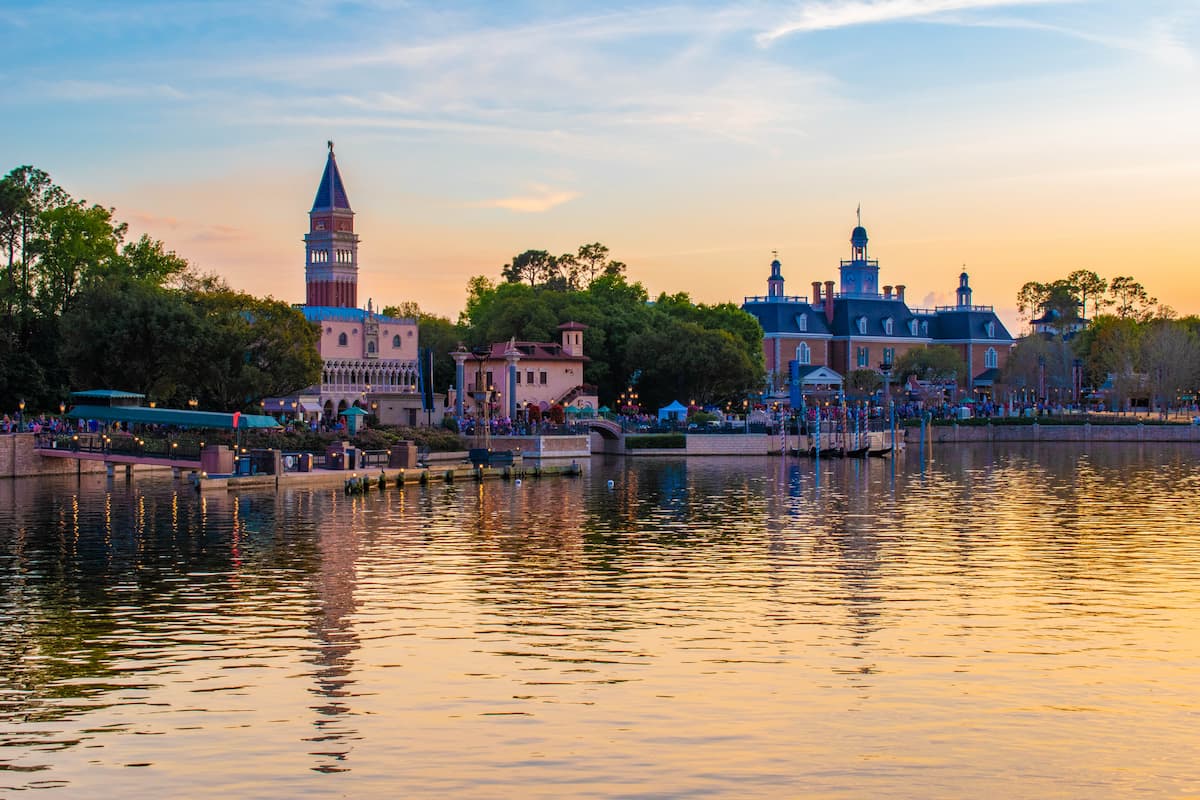 Panoramic view of Italy and The American Adventure Pavillion at Epcot.